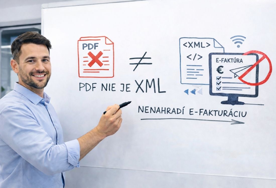 Muž píše na tabuľu PDF nie je XML, nenahradí e-fakturáciu