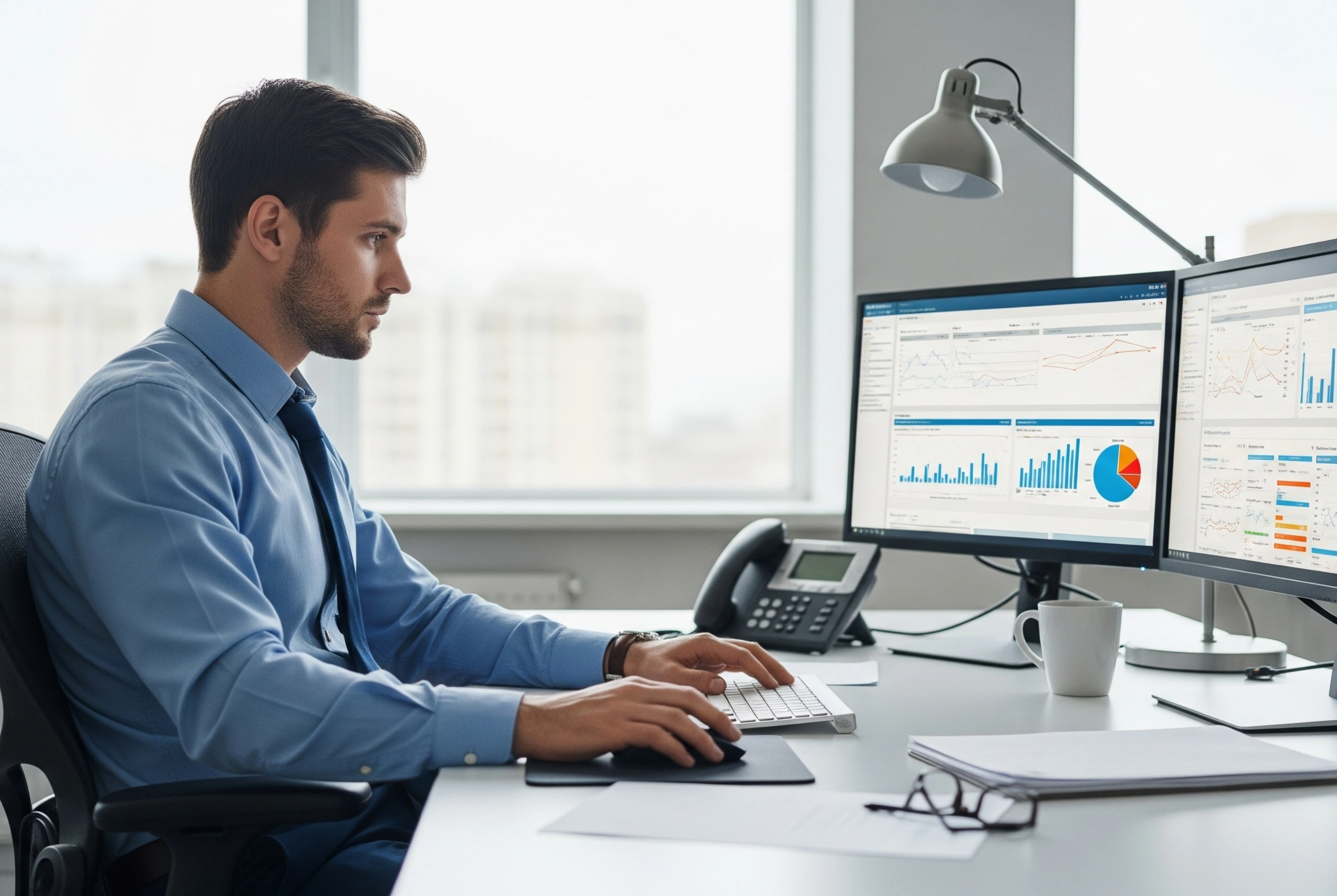 Manager sitting in front of a monitor checking reports