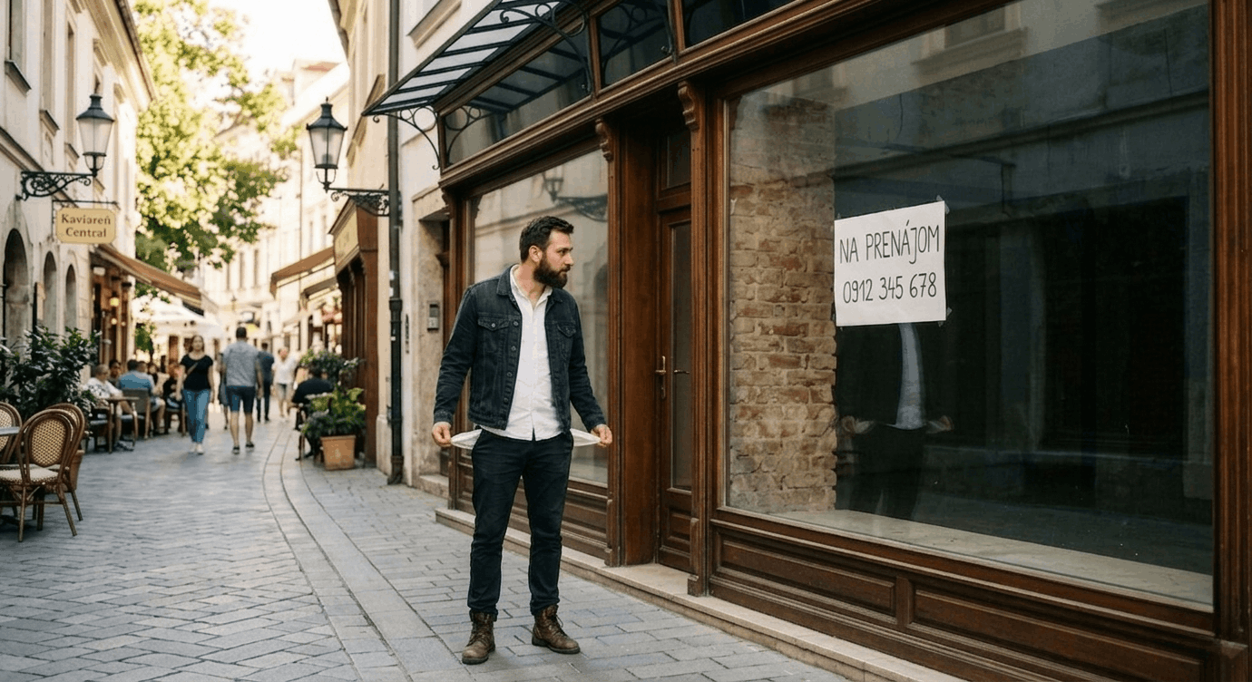 Photo of a man in a city street, with empty pockets, looking at the window display of a rental space
