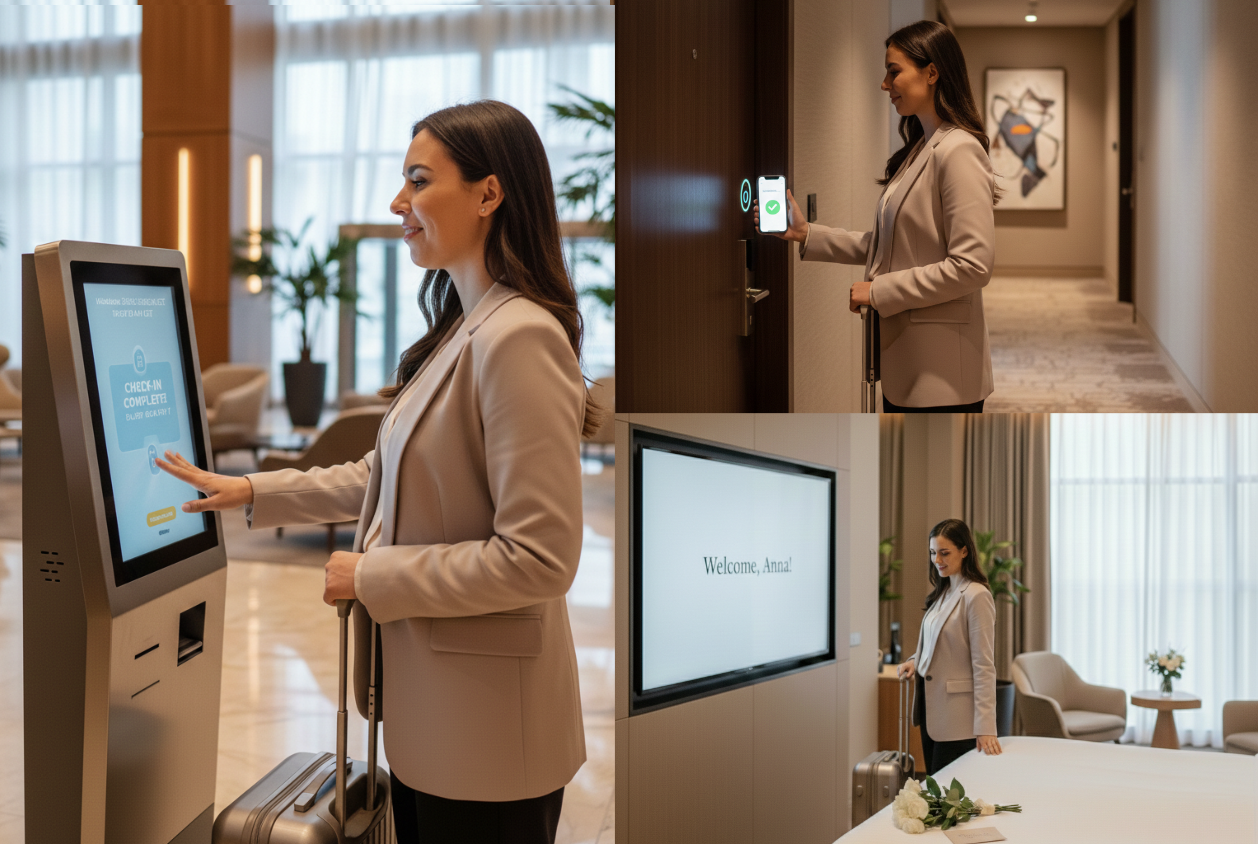 A collage of three photos capturing a modern hotel experience: a woman using a self-service kiosk for check-in, unlocking her room with a smartphone, and finding a bouquet and personalized greeting waiting in the room.