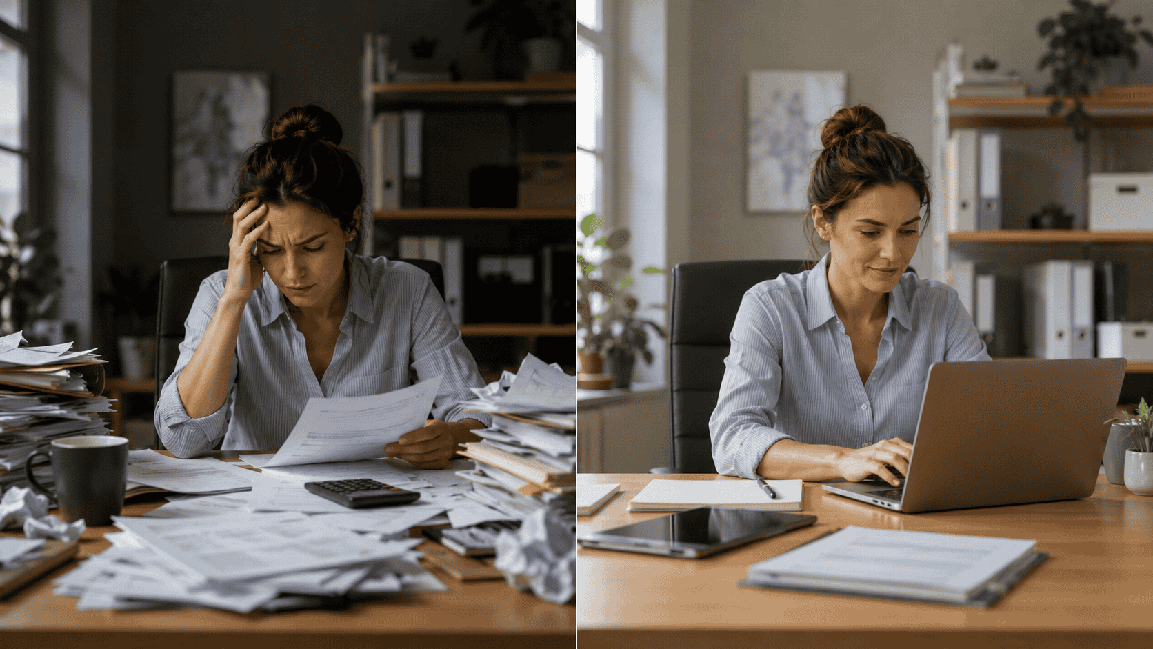 Comparison before and after: on the left, a freelancer deals with chaotic invoicing among papers, on the right, the same woman calmly works at an organised desk with a laptop.