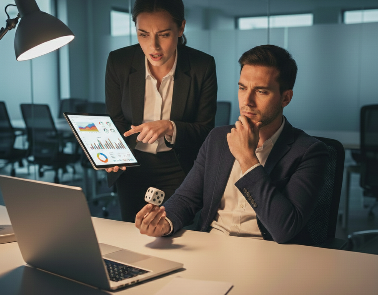 A woman with data on a tablet convinces a man, who wants to roll a die, to make decisions based on data rather than feelings.