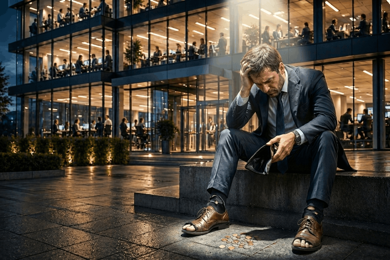 The owner of a growing, outwardly successful company sitting in worn-out shoes with an empty wallet in front of a company full of people. The image demonstrates that a growing company does not necessarily mean growing profit.