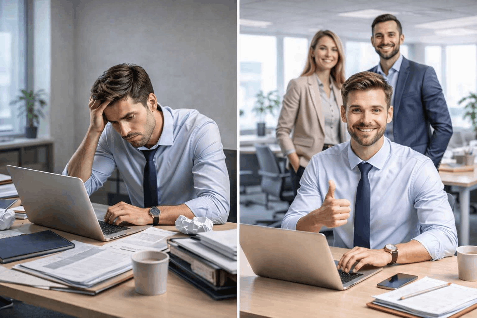An image illustrating the contrast between trying to handle everything internally and entrusting it to experts.