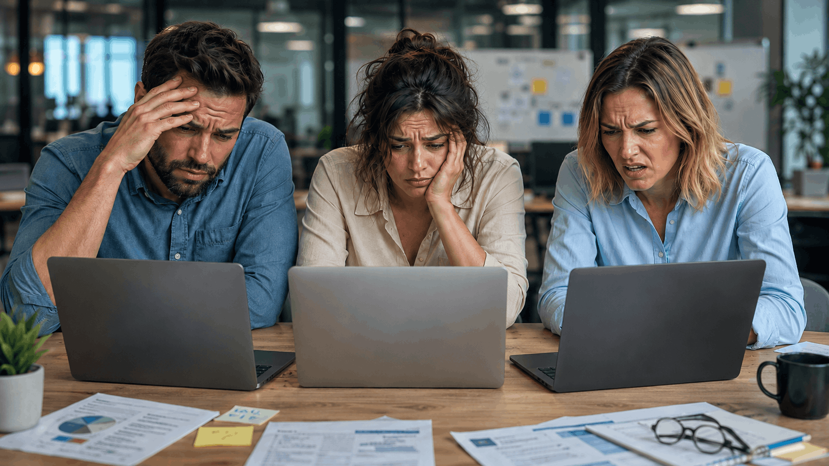 Three colleagues looking frustrated at laptops with differing company data, symbolizing the issue of inconsistent records across departments.