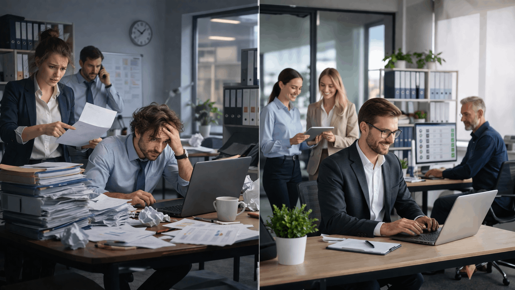 Illustration showing a prepared and unprepared company for new legislation related to e-invoicing. On the left is chaos in an office, on the right calm and order.