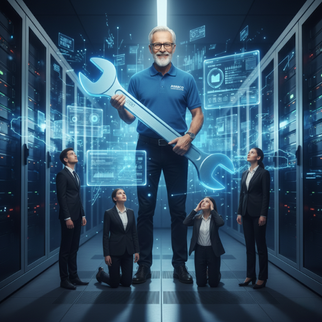 Illustration of a company's dependency on a single IT administrator in a server room.