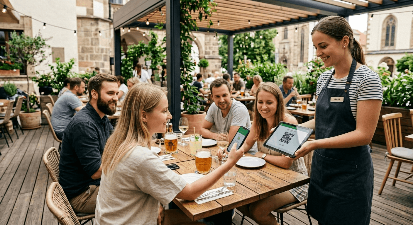 A group of people in a restaurant on a terrace paying a waitress via QR code.